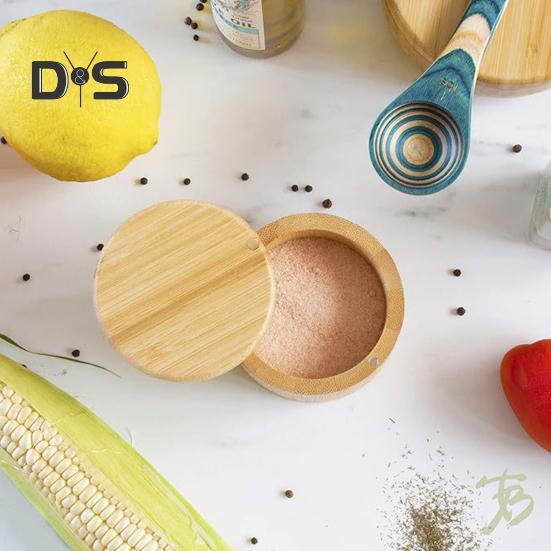 Bamboo Salt Cellar Seasoning Jar with Built-in Spoons Salt Container for Kitchen Swivel Lid Spice Box for Countertop