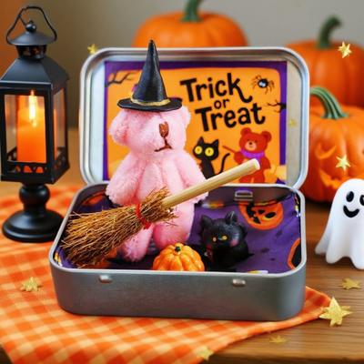 Halloween Björn i en låda Handgjord Söt Häxbjörn i en burk för Bus eller Godis Miniatyr Plyschbjörn med Kvast Pumpa Katt Halloweenfest Gåva