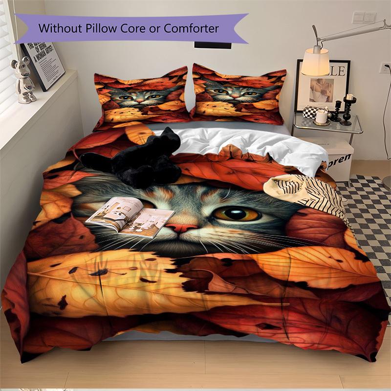 3pcs Autumn Leaves Cat Duvet Cover Set - Includes 1 Duvet Cover and 2 Pillowcases, No Quilt Core, All-Season Home Decor yy251111039