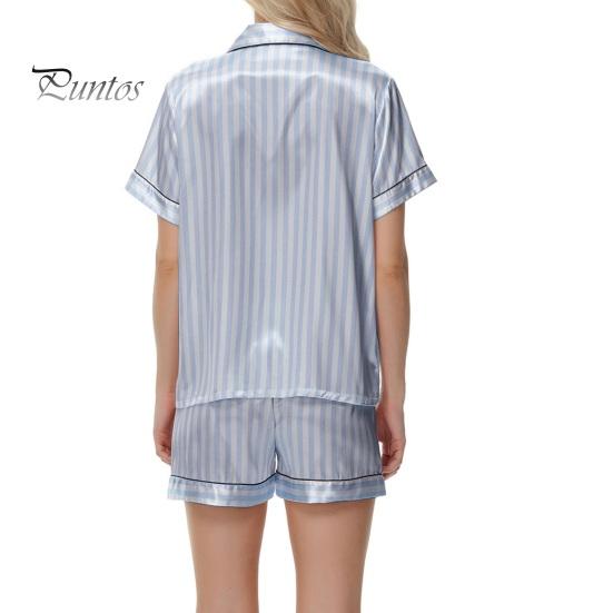 2 Pçs/Conjunto Mulheres Camisa Shorts Terno Plus Size Lapela Mangas Curtas Cetim Listrado Contraste Cor Top Cintura Elástica Calças Curtas Homewear Loungewear