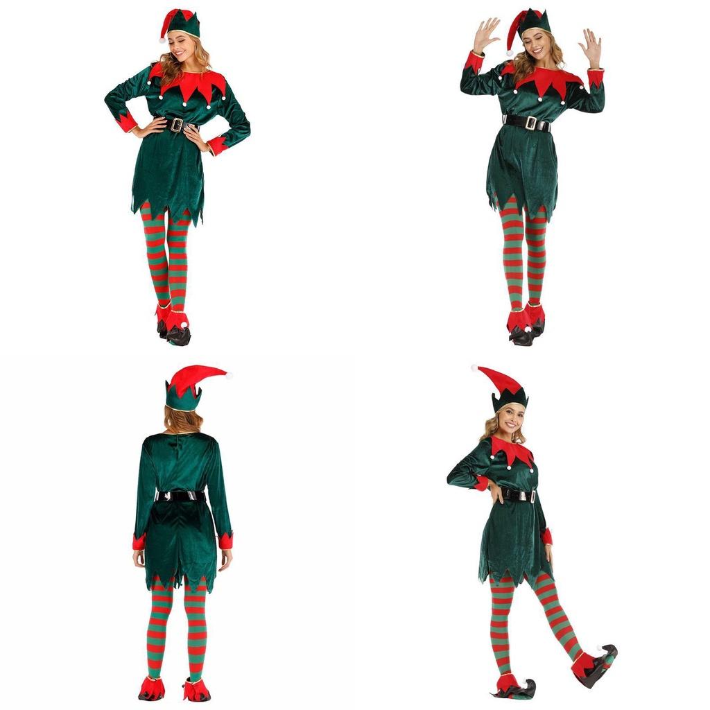 Women's Xmas Elf Cosplay Costume Soft Velvet Skirt With Bells Serrated Cuffs