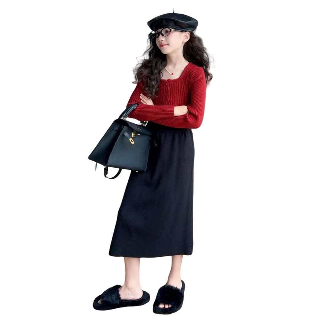 Mädchen Pullover mit Puffärmeln & Rock Set - 2025 Trendige Herbst/Winter Mode für Große Kinder