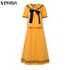 VONDA Two Pieces Women Girls College Style Sets Naval Collar Short Sleeve Blouse and Long Skirts Outfits 