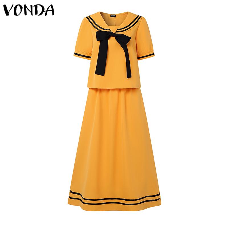 VONDA Two Pieces Women Girls College Style Sets Naval Collar Short Sleeve Blouse and Long Skirts Outfits 