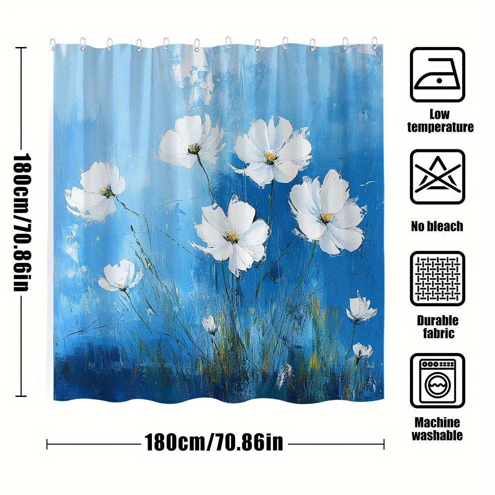 1pc White Poppies Shower Curtain Oil Painting Style - Textured Brushstrokes, Delicate Petals & Vivid Blue Sky Design 70x70 Inche