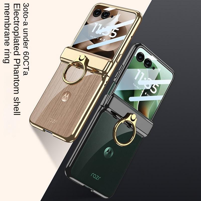 Electroplated Frame Transparent with Metal Ring Holder Hinge Glass Protective Film Case For Motorola Razr 60 Ultra Cover