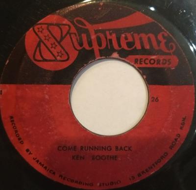 7inch Record KEN BOOTHE - Come Running Back None Supreme Records 1966 Jamaica Reggae, Ska & Dub Used