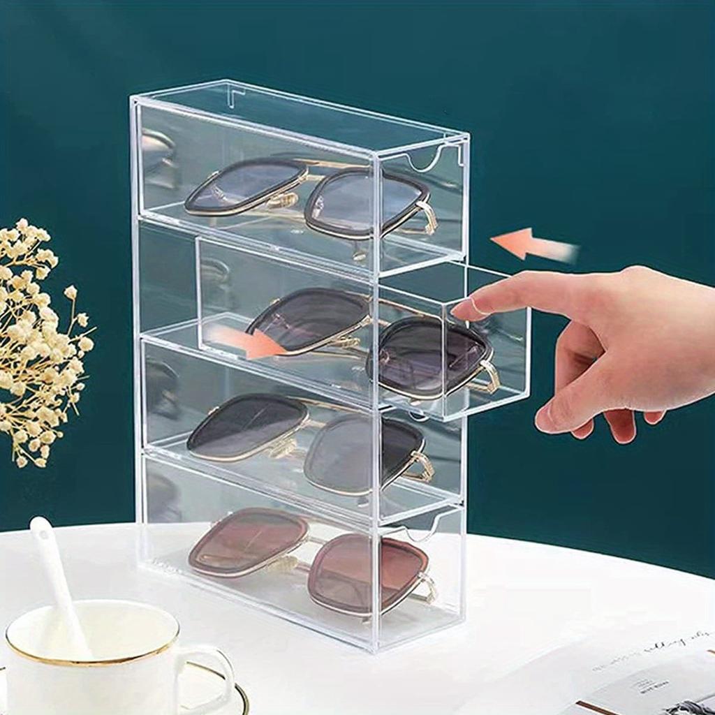 1 Pc 4 Drawers Acrylic Stackable Sunglasses Organizer, Transparent Eyeglasses Organizer, Dustproof and Waterproof, Suitable for Dresser, Bedroom, Desk