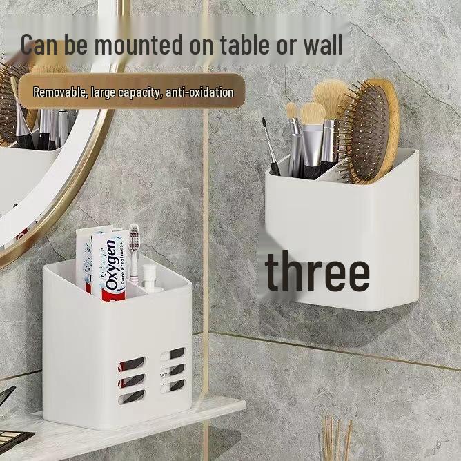 Bathroom Wall-Mounted Storage Rack for Cosmetics, Comb, Toothpaste, Toothbrush, and Chopsticks - Punch-Free and Drainable.