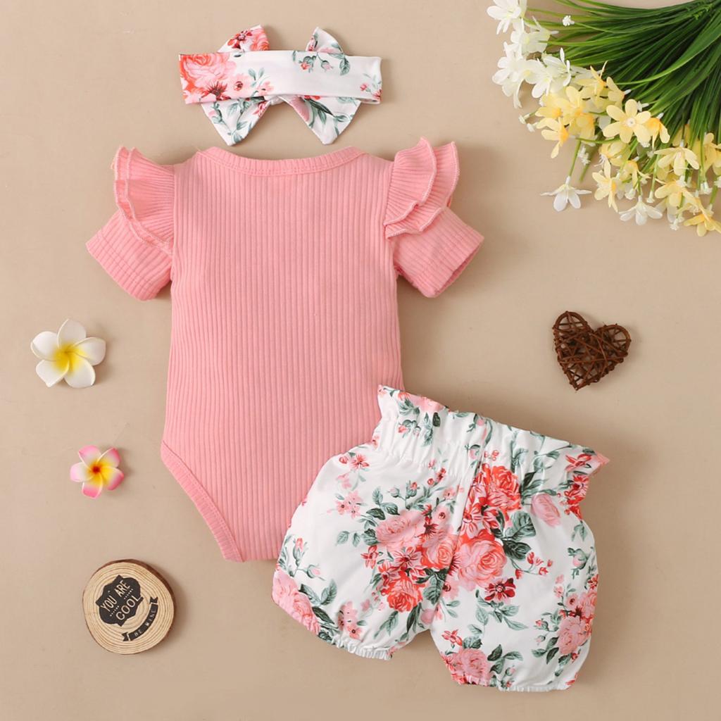 Newborn Suit Letter Print Romper Three Piece Jumpsuit Floral Shorts Headband Set 0-18M