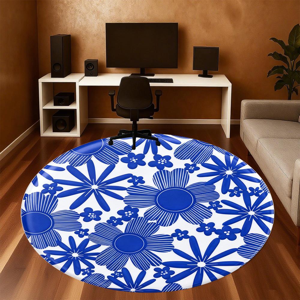 1pc Floral Pattern Blue Round Chair mat office Area Rug - Non-Slip, Floor Mat for Office, Bedroom, Ideal home decor gift p0105063