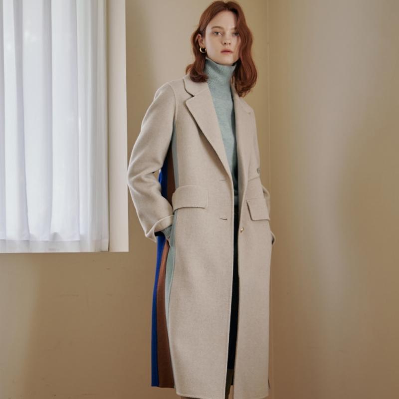 MAXZA Cashmere Wool Blend Color Block Handmade Long Coat Cc10hc306on