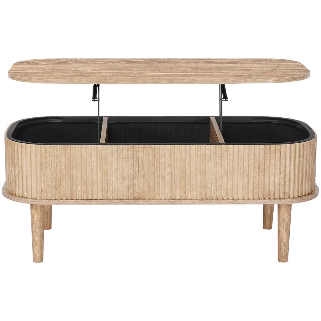 1000 Mm Lift Top Coffee Table, Fluted Oval Coffee Table with 3 Hidden Compartment, Mid Century Wooden Oval Center Desk with Storage, Lift Up Tabletop