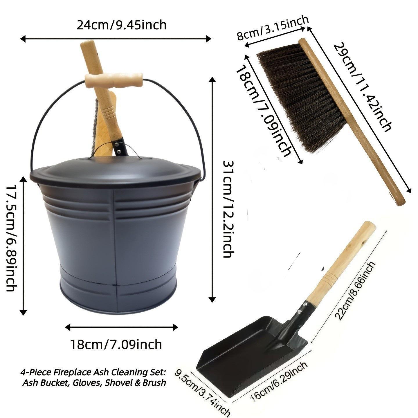 Wrought Iron Fireplace Ash Shovel & Bucket Set - 3 Pieces