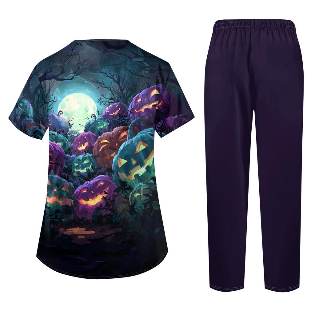 Women's Short Sleeve Costume Set with Halloween Print and Pockets - 2 Piece Top and Pants for Role Play