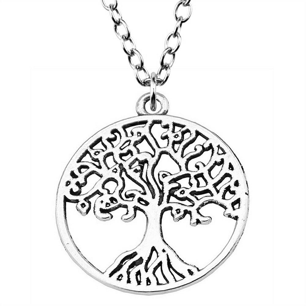 Vintage Rose Flower Charm Necklace Tree Of Life Pendant Antique Jewelry 43cm Chain