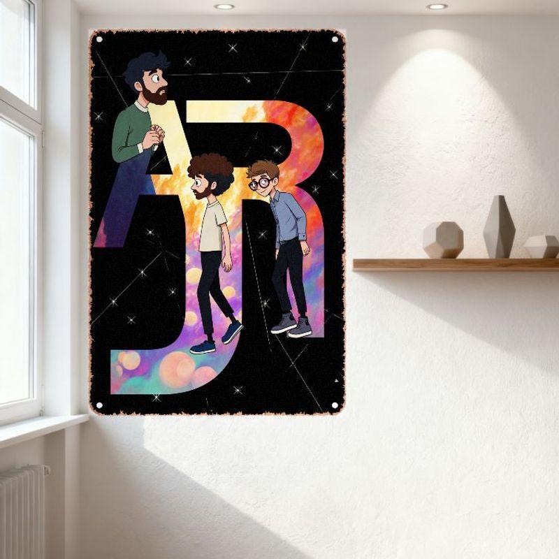 Vibrant Retro Cartoon A RJ Letters with 3 Men Metal Tin Sign Wall Decor for Bar Cafe Home Art Gift, Stylized Star Sparkles Backg