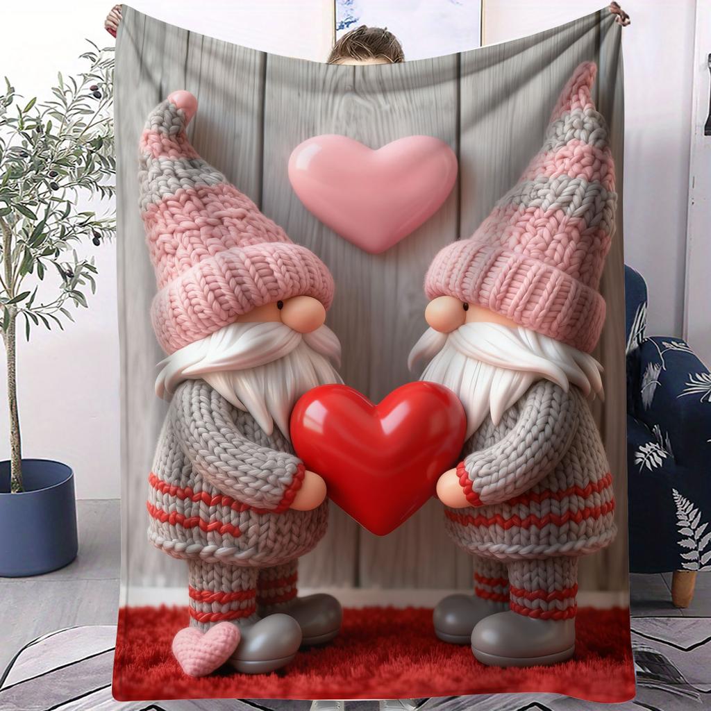 Cute Gnome Couple Flannel Blanket Heart Pattern Warm Throw Lightweight Cozy Cover for Living Room Christmas Valentine's Day Gift
