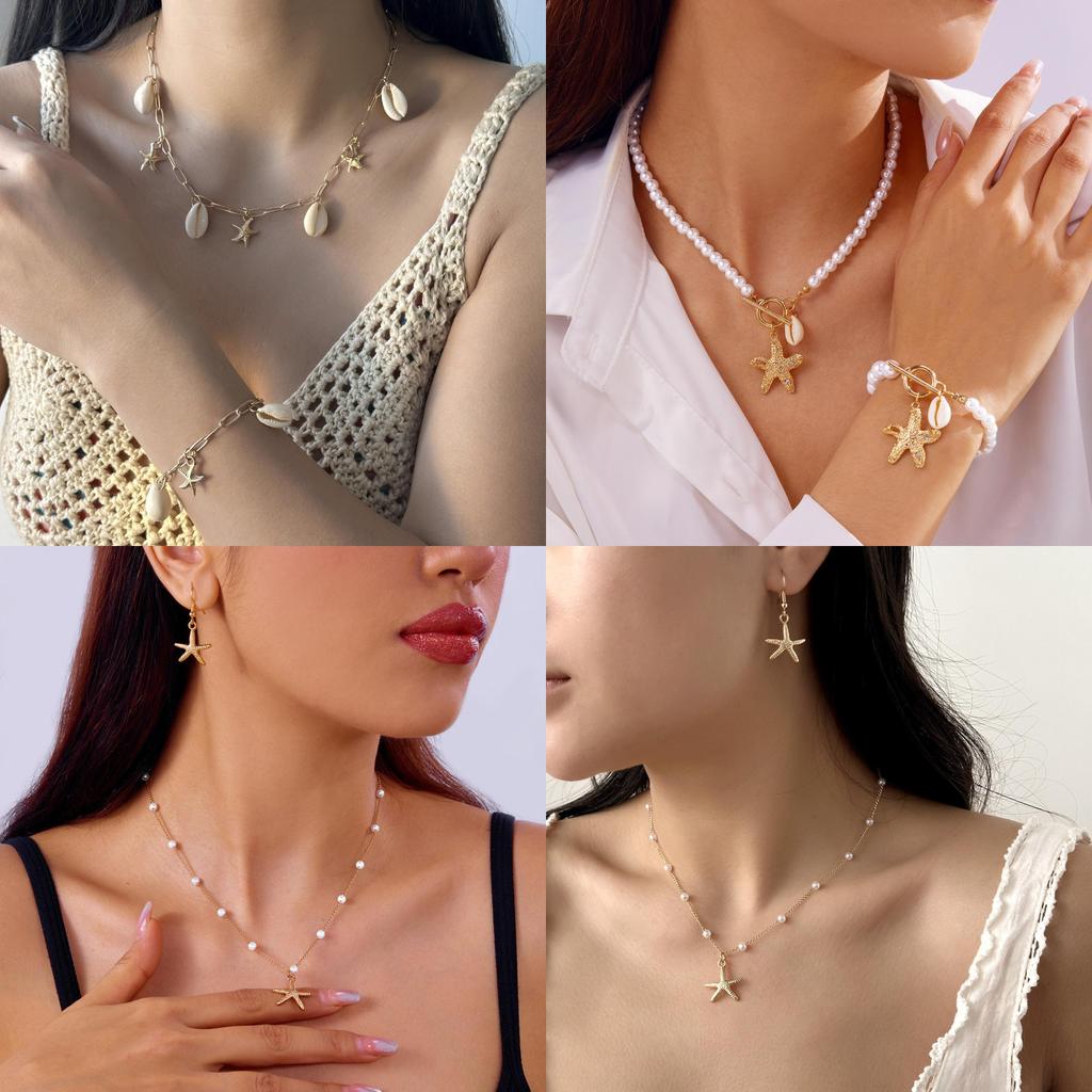 Summer Seashell Necklace And Bracelet Set With Alloy Pendant For Women