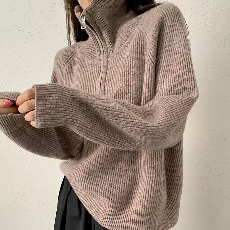 

Open zipper turtleneck all-wool knitted sweater top women s lazy fashion age-reducing loose and thin sweater L верблюд