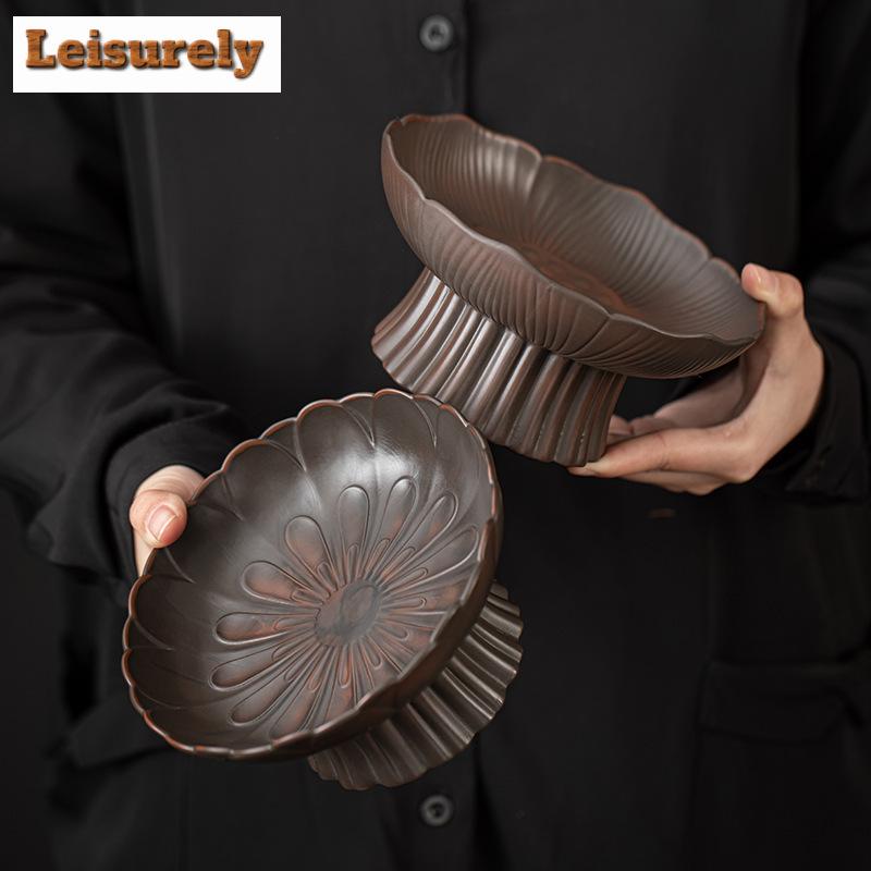 Qingxi Purple Pottery Fruit Plate Drain Water High Foot Fruit Dish Melon Seed Cake Tray Dim Sum Stand Large Buddha Fruit Bowl