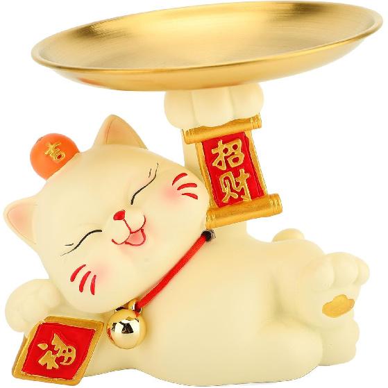 Resin Cat Decorative Tray Figurines, Panda Statue Lucky Cat Dancing Funny Cat Statue for Home, Bedroom, Office Entrance Table Decor and Gadgets
