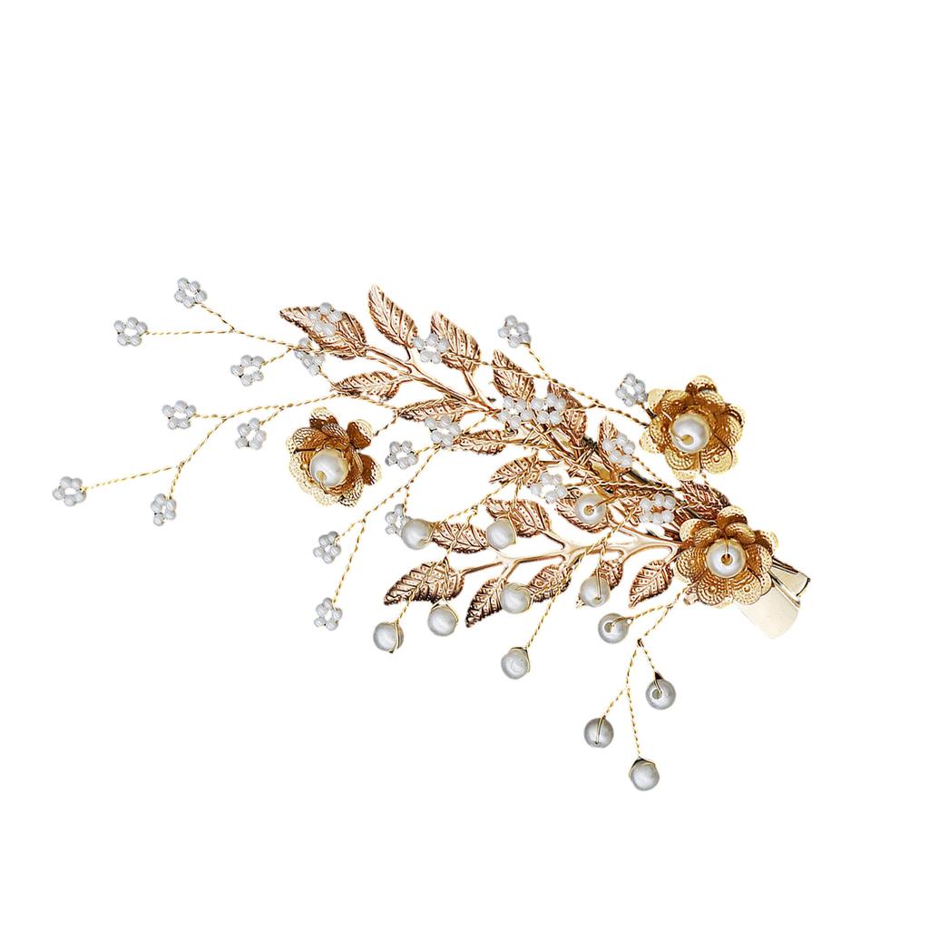 Wedding Barrettes Clip Headpiece Handmade Leaf Flower Hair Clips with Pearl Core for Thick Hair Styling Decoration