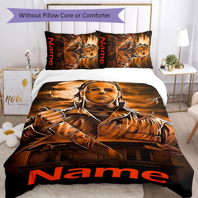 3pcs Custom Name Cartoon Michael Myers Bedding Set Duvet Cover Closure Includes 1 Duvet Cover & 2 Pillowcases for All Seasons Bedroom Decor
