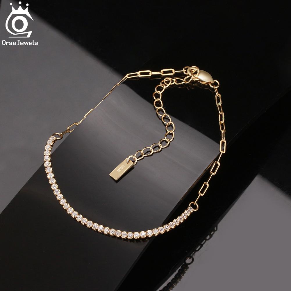 ORSA JEWELS 14K Gold Plated Paperclip Chains Tennis Bracelet For Women Zinc Alloy Sterling Zinc Alloy Handmade Bracelets Zircon SB141