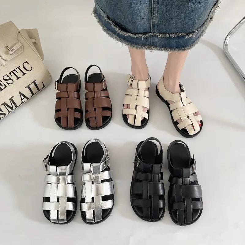 Roman Sandals Female 2024 Summer Retro Flat Bottom Baotou Casual Shoes Hollow Woven Low Heel Sandales Zapatos Para Mujeres
