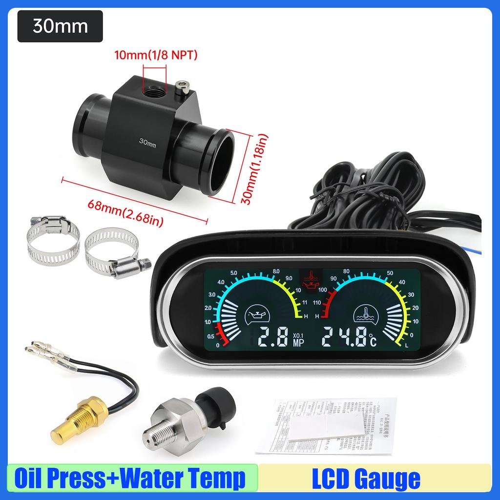 MAIMEIMI LCD Gauge Oil Pressure Gauge+Water Temperature Meter with Sensor Temperature Joint Pipe Sensor Radiator Hose Adapter