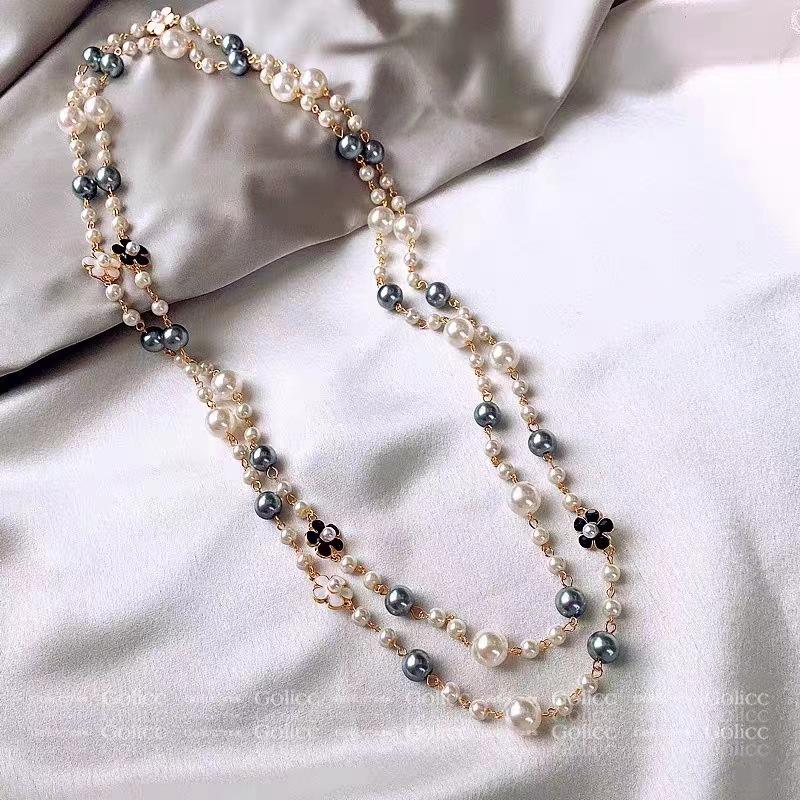 Long Pearl Necklace with Double-Sided Enamel Camellia Pendant, Coquette Aesthetic Y2K Minimalist French Chic Versatile Layering Chain for Women