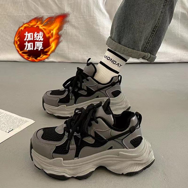 Fleece muffin platform dad shoes women's autumn and winter new small height-increasing shoes versatile casual sports shoes