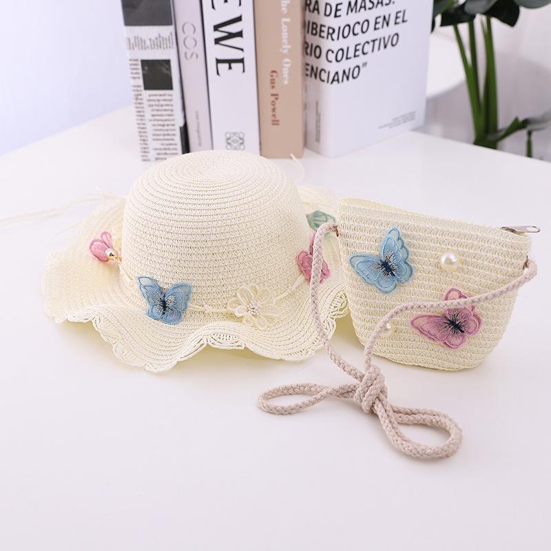 Summer Girl Princess 2pcs a Sets Sun Hat +bags Child Baby Casual Beach Butterfly Panama Caps for Holiday Party