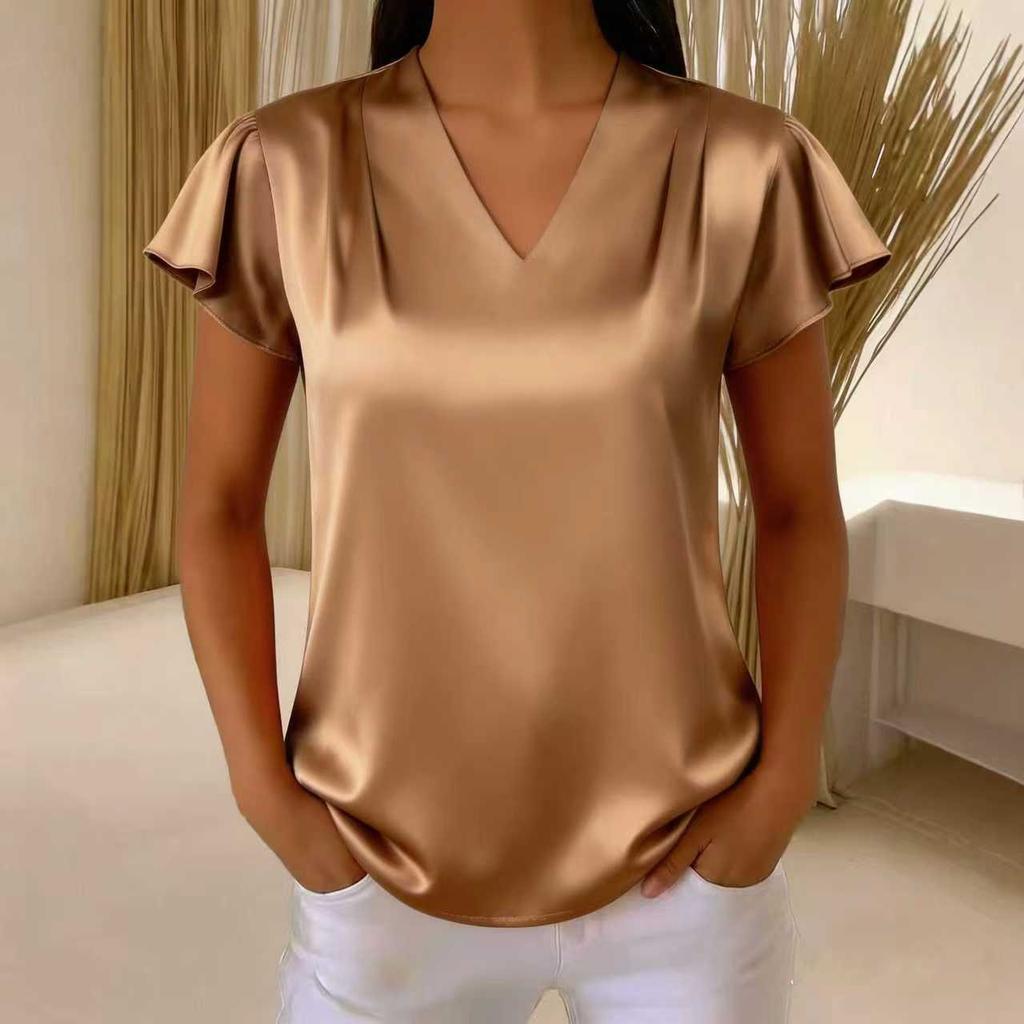 Women's 2026 Summer New V-neck Chiffon Pleated Loose Short-sleeve Top