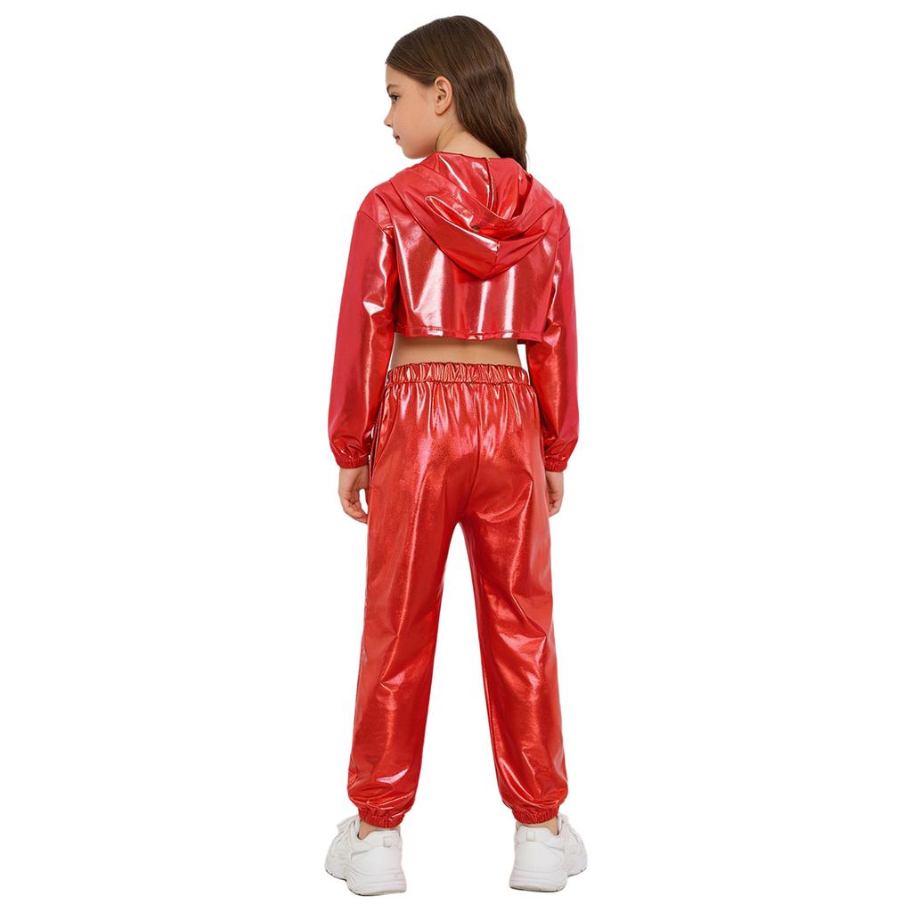 Girls Hip Hop Jazz Dance Costume 3 Piece Set Metallic Cropped Hoodie Sleeveless Keyhole Back Vest Pants