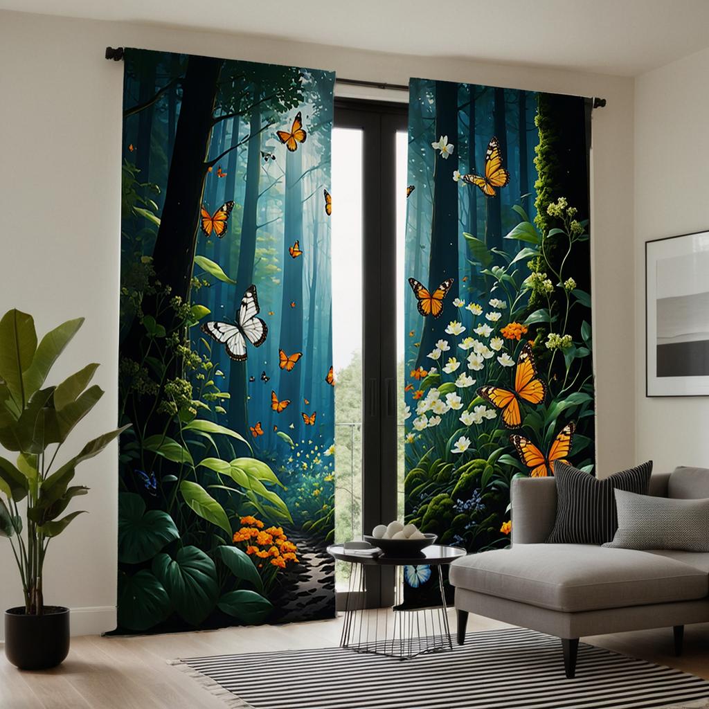 2-piece HD Digital Blue Curtain with Deep Forest View Home Decoration Style Decorate Living Room Bedroom Wear Rod Curtain Effect