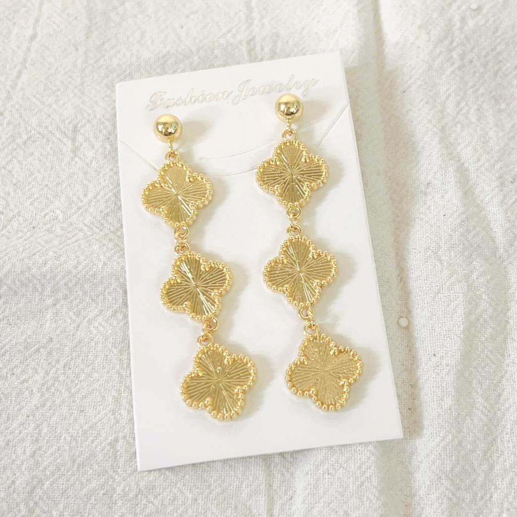 Stainless Steel Clover Tassel Double-sided Earrings with Three Flower Earrings and Earrings, 18K Gold Earrings