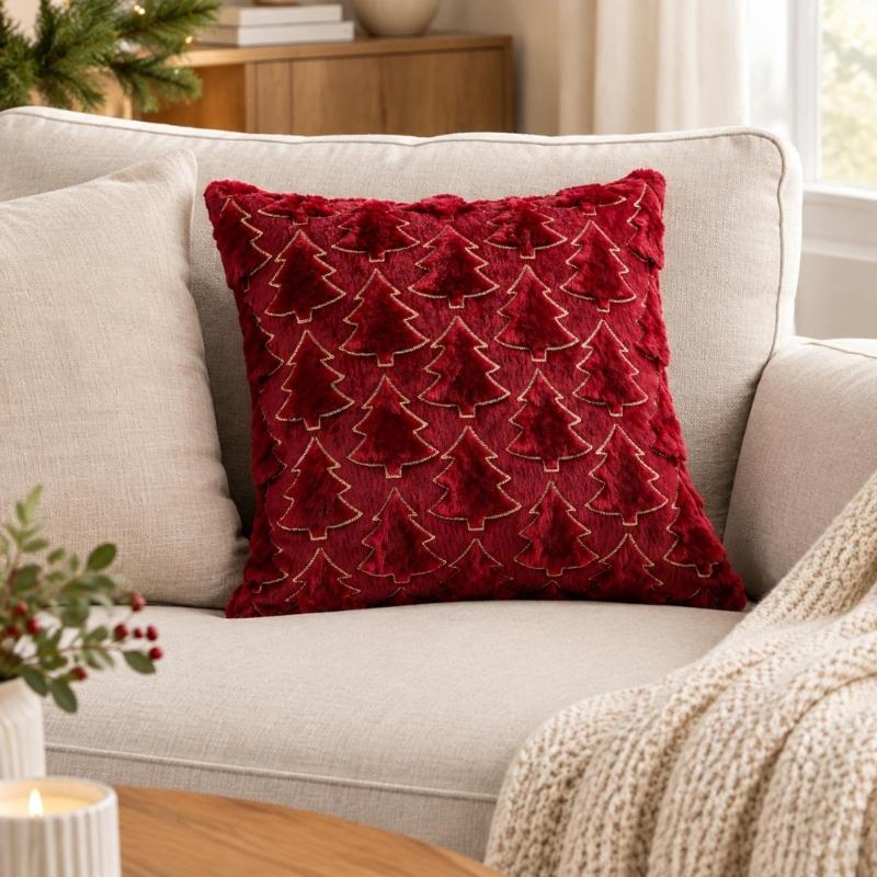 Christmas Throw Pillow Cover Set of 2, Plush Faux Furs Cushion Covers with Raised Embroidery for Coordinated Indoor Seating