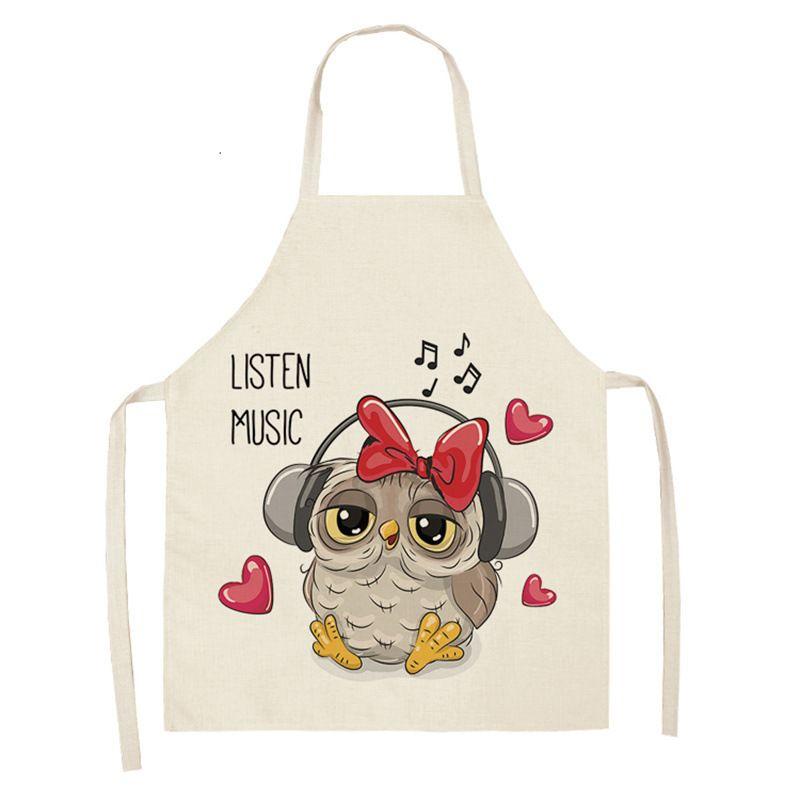 Owl Sleeveless Chef Apron Linen Floral Print Kitchen Decoration Apron Women'S Home Cooking Baked Waist Bib