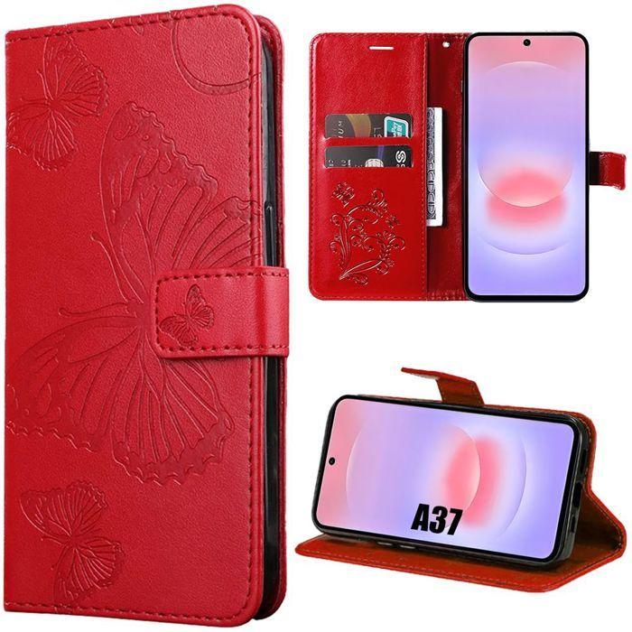 Coque pour Samsung Galaxy A37 5G, Protection Rabat Anti-Rayures Synthécuir Relief Papillon - Rouge