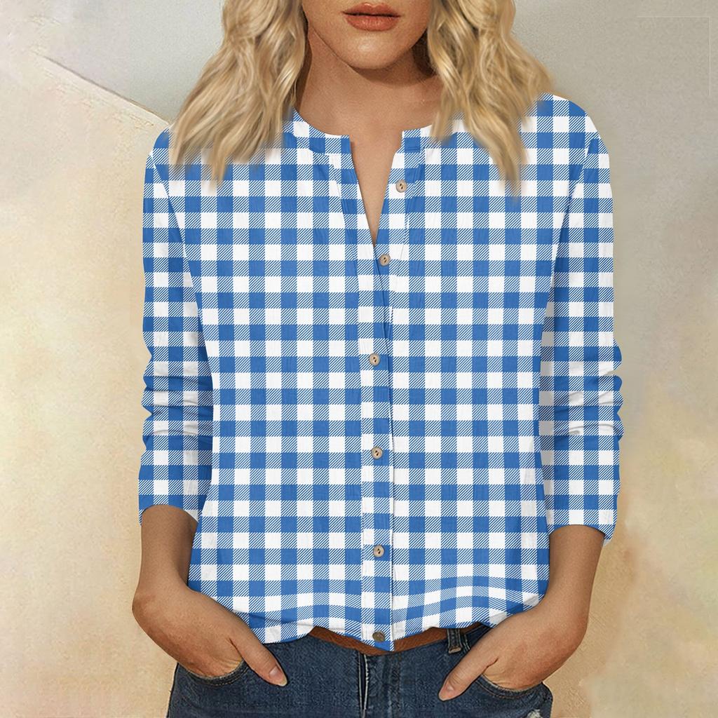 Women's Vintage Floral Print Henley Button Neck Three Quarter Sleeve Cotton Linen Shirt Casual Loose Fit Blouse