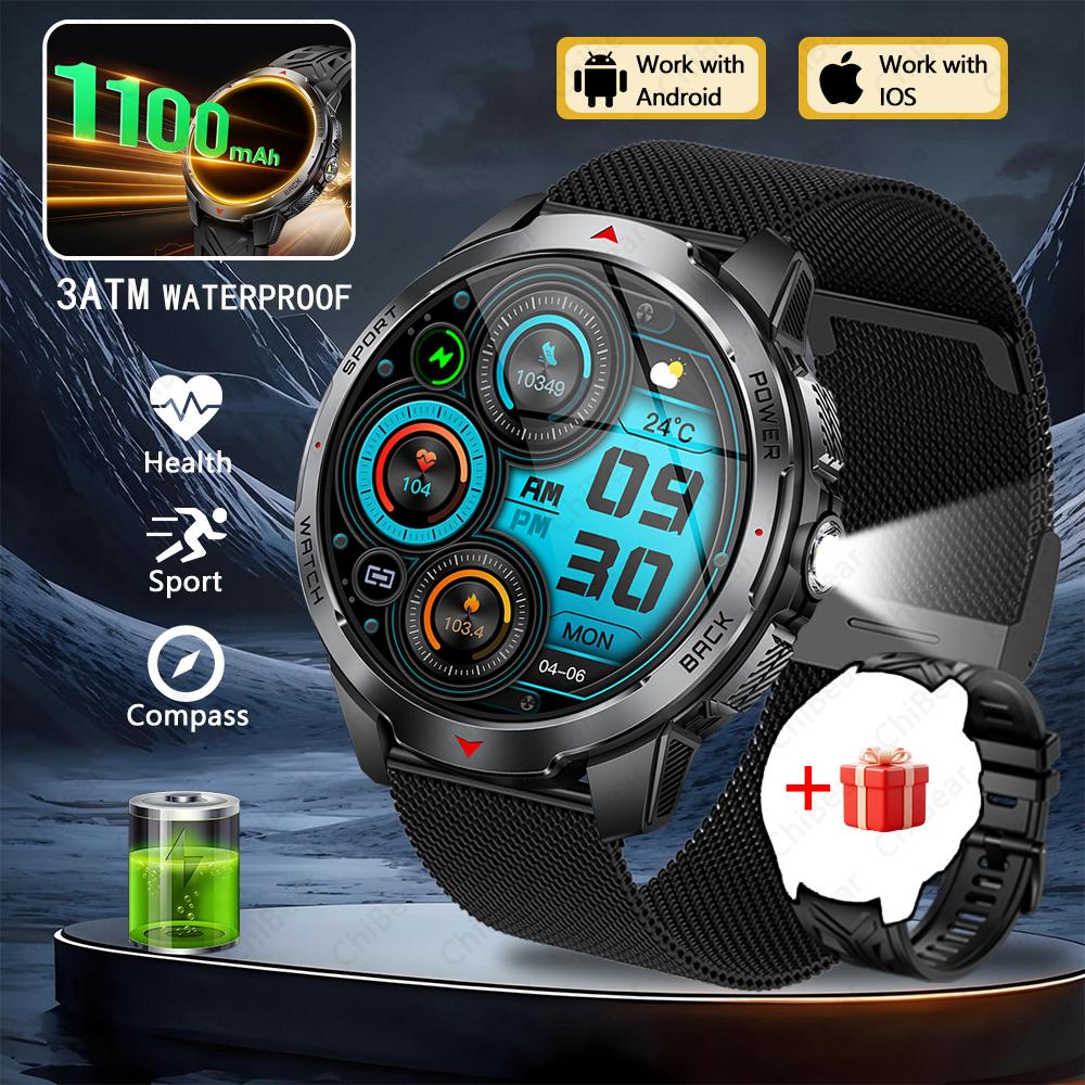 New 1100mAh Large Battery Smart Watch Men Compass LED Flashlight 3ATM Waterproof Bluetooth Call Heart Rate Sports Smartwatch
