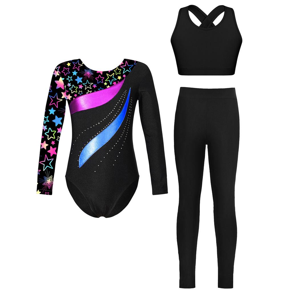 3-teiliges Turnset für Mädchen: Langärmliger Metallic-Patchwork-Turnanzug mit gekreuztem Rückenteil und Leggings