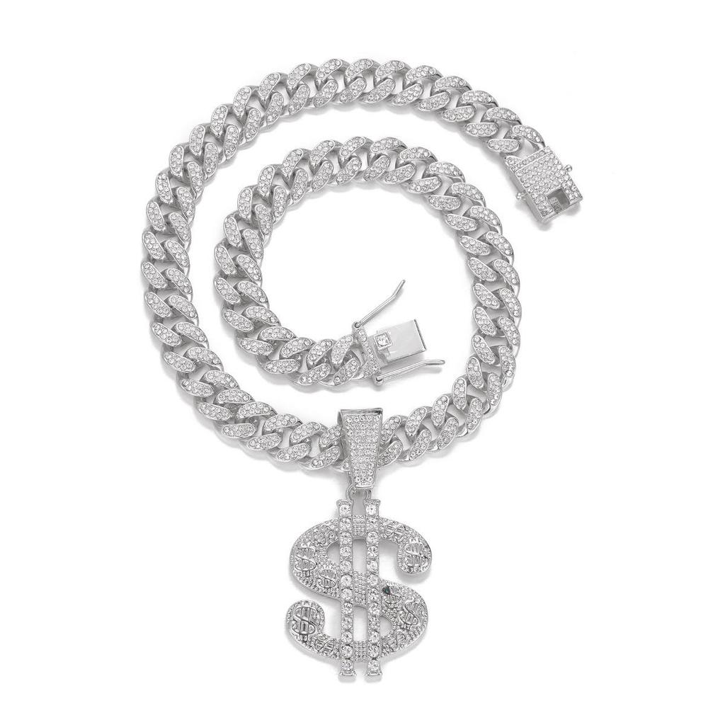 Men's Cuban Chain with Rhinestone Dollar Pendant - Trendy Punk Hip-Hop Necklace