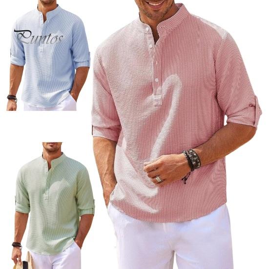 Men Shirt Long Sleeve with Cufflink Stand Collar Half Single-breasted Pullover Mid Length Solid Color Plus Size Daily Office Business Top