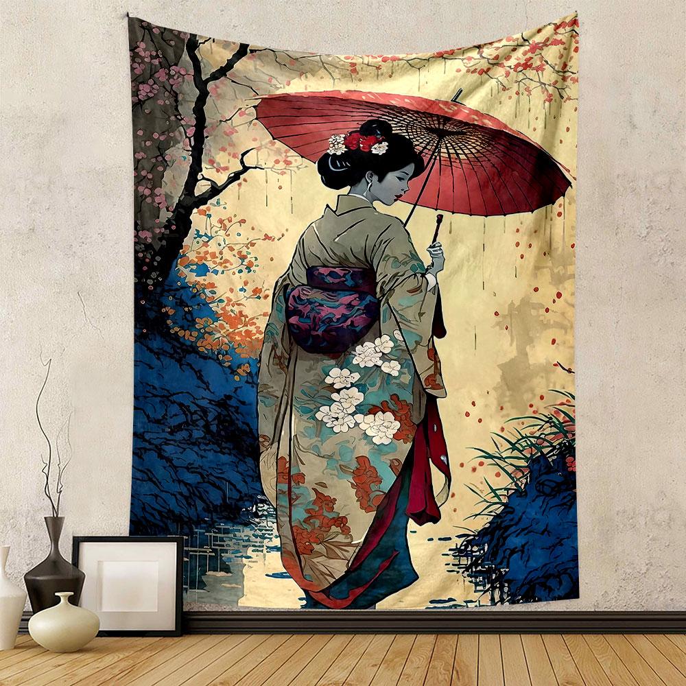 Geisha with Umbrella in Floral Garden Patterned tapestry home decor, suitable for bedroom and living room, gift