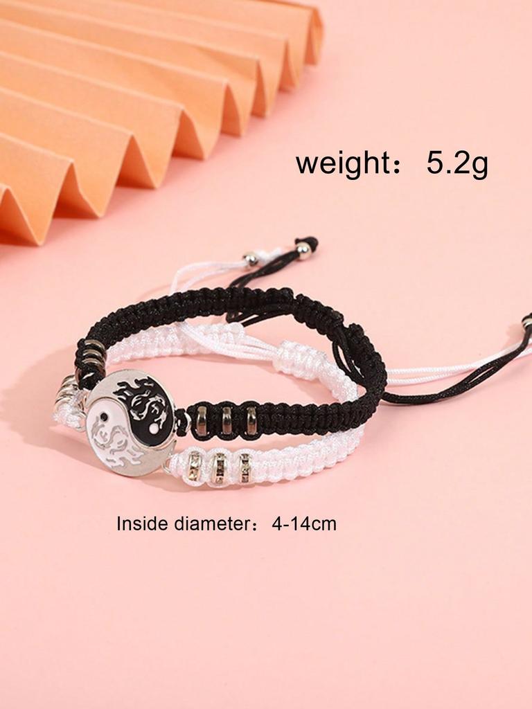 2pcs Fashionable Woven Student Bracelets - Black & White Minimalist Braided Bagua Tai Chi Bracelets, Suitable For Daily Wear