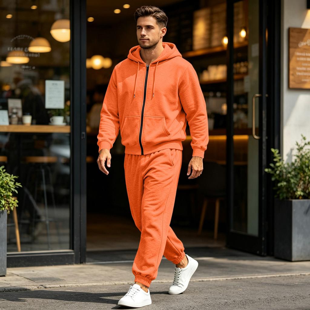 Men's Multi-Pocket Zip-Up Hooded Sweatshirt and Pants Set Athletic Tracksuit