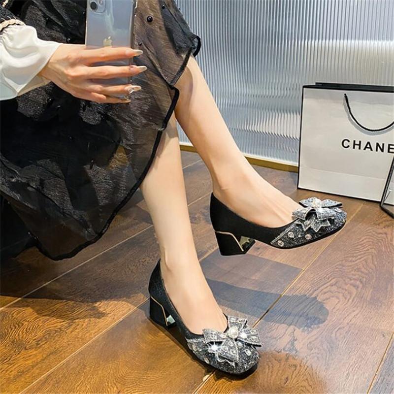 2024 New Women Shoes Fashion Thick Heel Square Toe Rhinestone Shallow Mouth Women Shoes Large Size 43 Women's Wedding Shoes